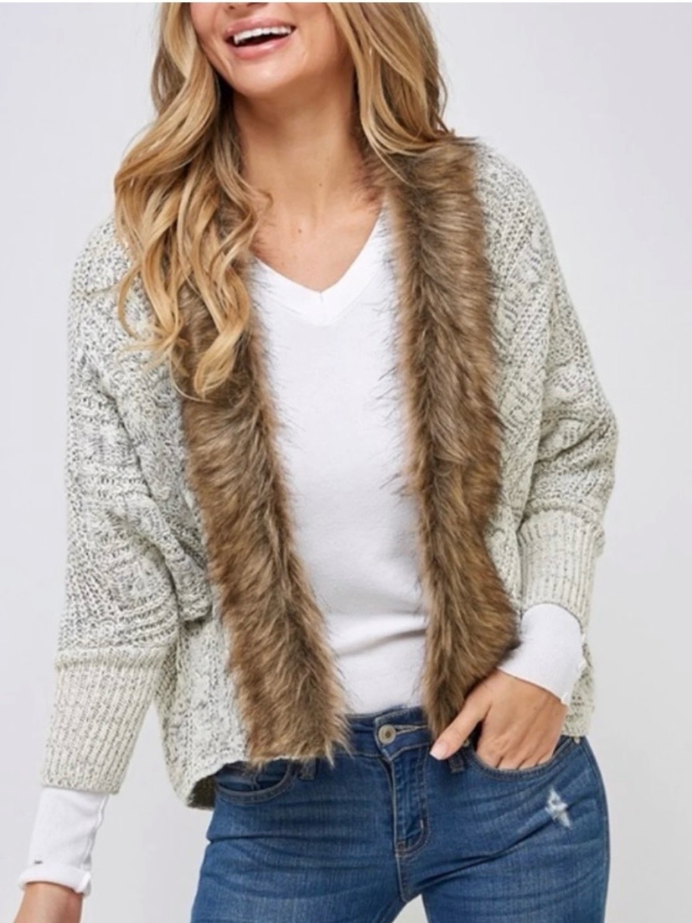 NORTHERN ANGEL Faux Fur Trim Kimono Knit Cardigan Open Front Sweater Boho Chic